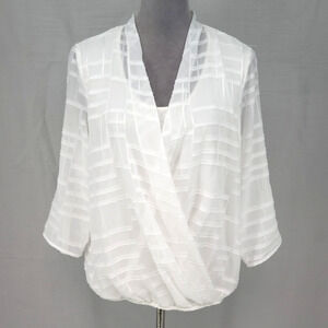 Thalia Sodi Top Womens Medium White Sheer Blouse attached Tank Roll Tab Sleeve